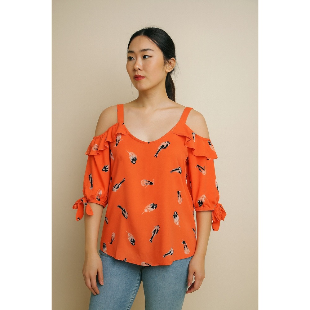 🟣3-for-$24🟣 Lily White Coral‎ Bird Print Cold Shoulder Tie Sleeve Blouse - L